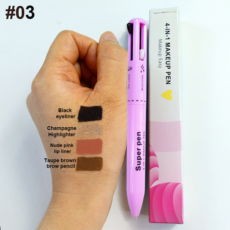 Próbka kolorów zestawu 03 na dłoni – czarny eyeliner, szampański rozświetlacz, różowa (nude) konturówka do ust, brązowa (taupe) kredka do brwi